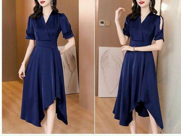Đầm xòe xếp li cổ V tay cách điệu xmdt1690155