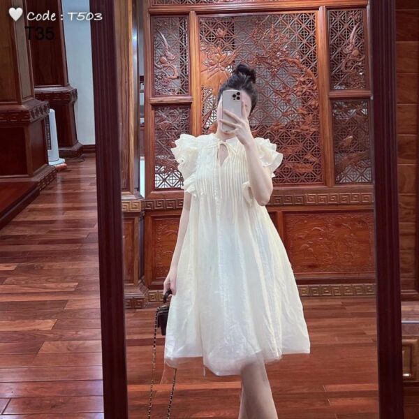 Váy Babydoll Tơ Đũi Nhăn Tay Bèo Cánh Tiên Cột Nơ Trước Siêu Xinh - MC4 - dcc0011