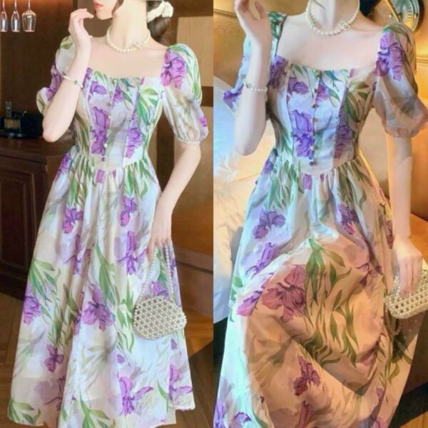 Đầm xòe hoa ly tay phồng tơ thêu - MC2-61