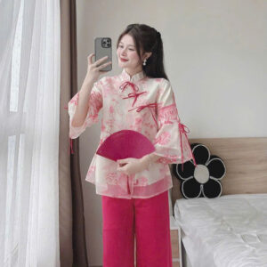 Set Ống Rộng Vải Tuyết Nhung Phối Áo Tay Loe Vải Voan Hoa