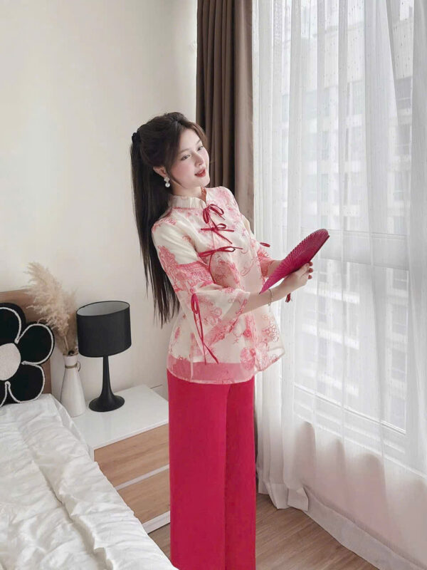 Set Ống Rộng Vải Tuyết Nhung Phối Áo Tay Loe Vải Voan Hoa - Hình ảnh 4
